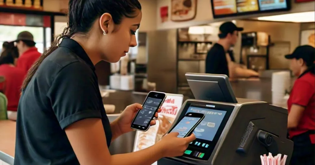 A girl using Apple Pay option from her phone for payment at Cook Out.